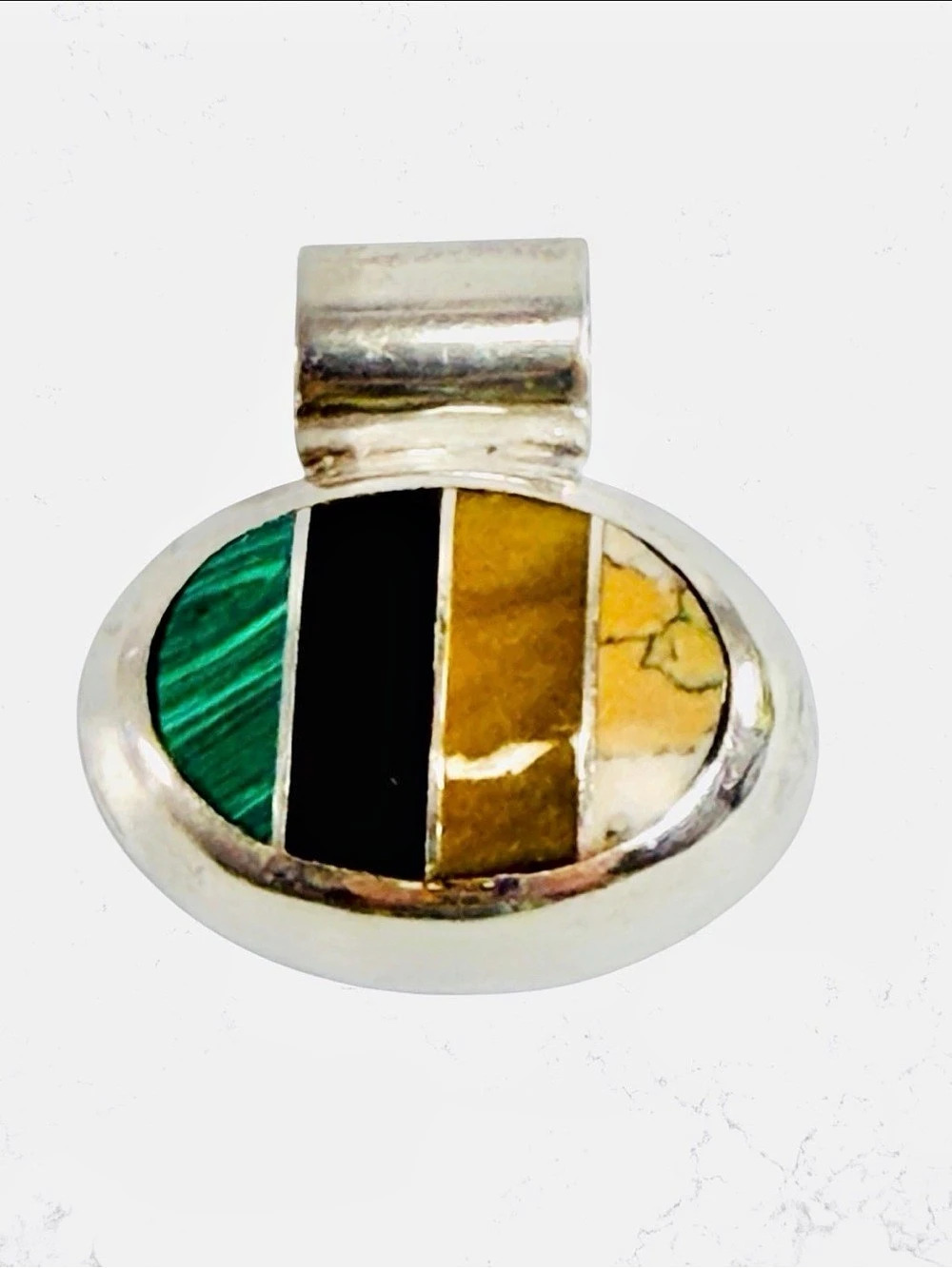Sterling Silver 925 Malachite Onyx Agate Multi Stone Oval Pendant Green Brown
